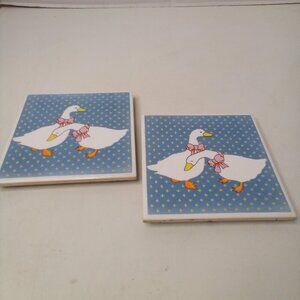 Vintage Ceramic Tile Trivet Coaster Geese 80s Blue White Lot of 2